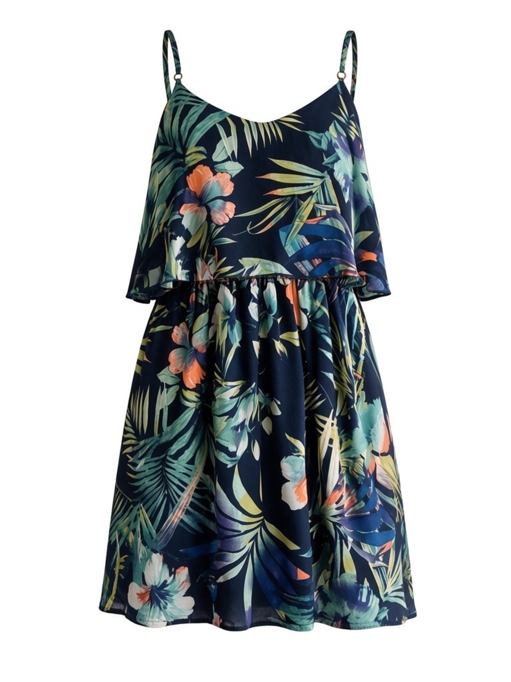 Women Navy Tropical Print Spaghetti-Strap Dress